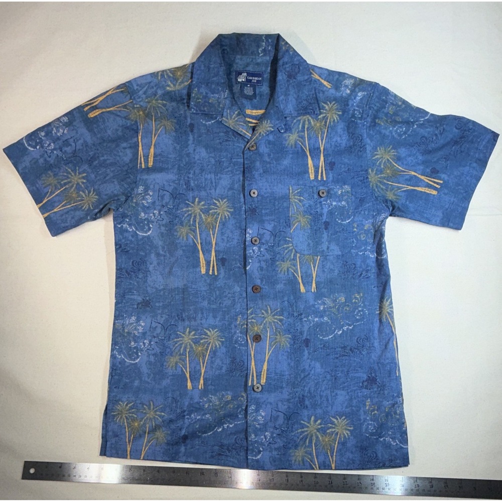 Caribbean Joe Men's M Regular Blue Tropical Hawaiian SS Button-Up Shirt Pocket